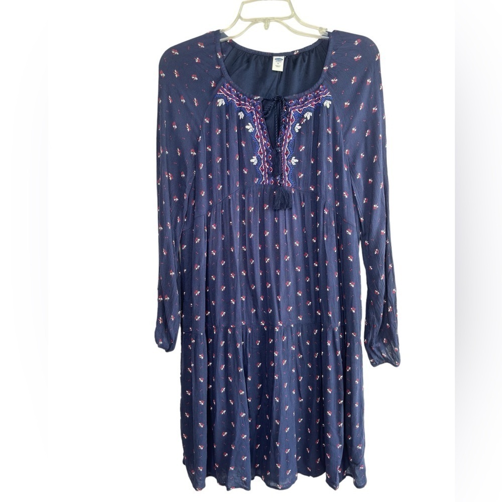 Old Navy Dress Womens Medium Boho Flowy Embroidered Tiered Lined Blue Floral